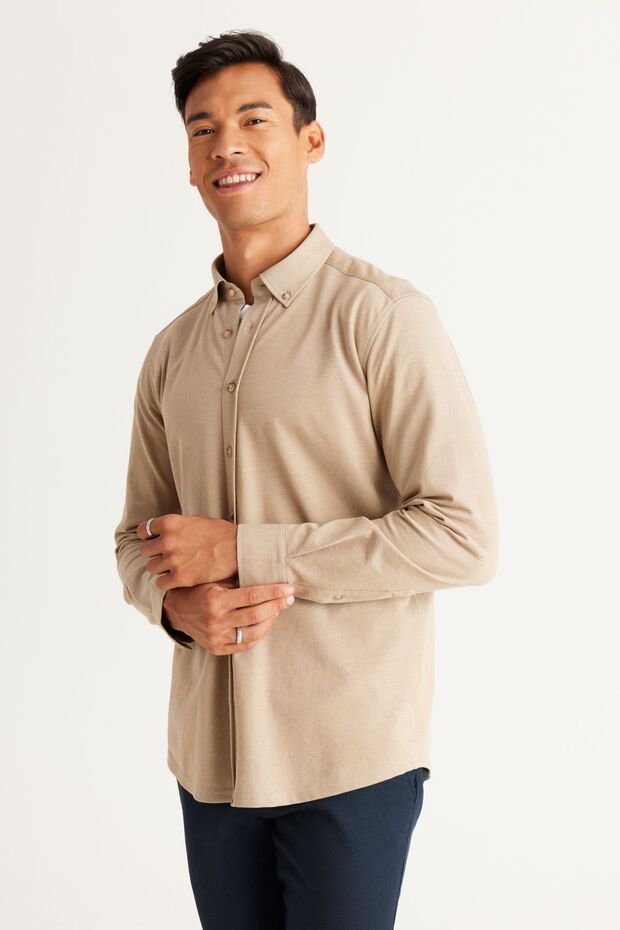 Erkek Vizon Slim Fit Dar Kesim Düğmeli Yaka Pike Desenli Örme Gömlek - 4