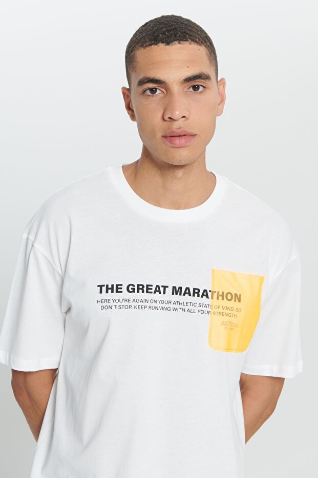 Erkek Beyaz Loose Fit Bol Kesim %100 Pamuk Slogan Baskılı Yumuşak Dokulu Bisiklet Yaka Tişört - 4