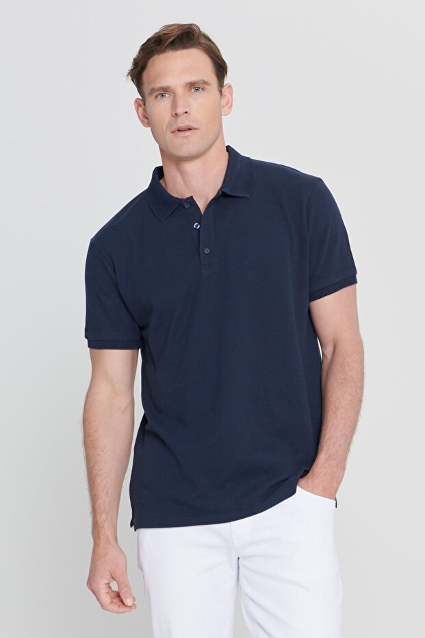 Erkek Lacivert %100 Pamuk Kıvrılmaz Pike Polo Yaka Slim Fit Dar Kesim Tişört - 1