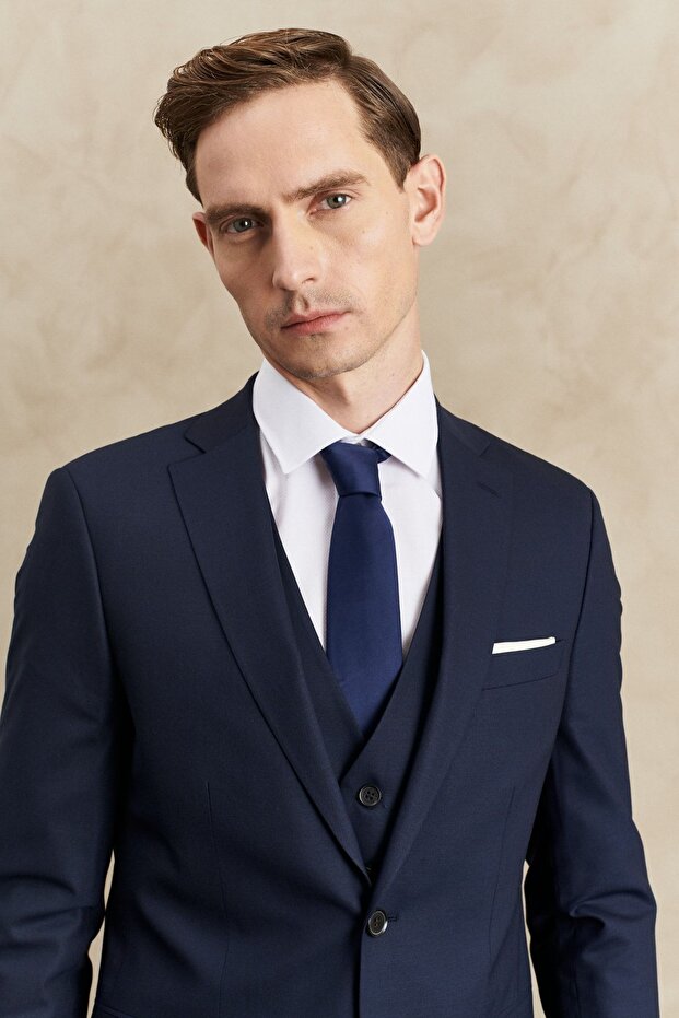 Erkek Lacivert Slim Fit Dar Kesim Mono Yaka Yelekli Yünlü Su Ve Leke Tutmayan Nano Takım Elbise - 3