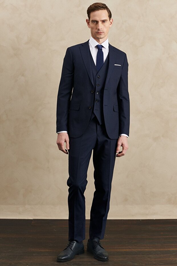 Erkek Lacivert Slim Fit Dar Kesim Mono Yaka Yelekli Yünlü Su Ve Leke Tutmayan Nano Takım Elbise - 2