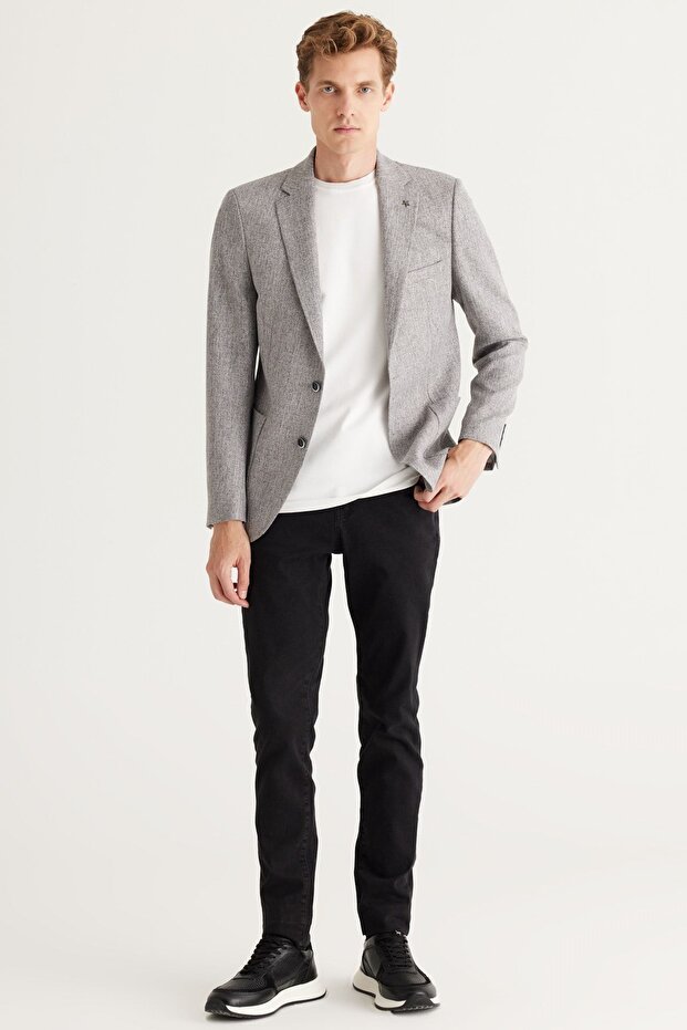 Erkek Gri Slim Fit Dar Kesim Mono Yaka Desenli Blazer Ceket - 4