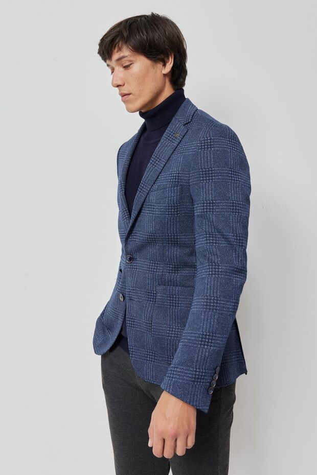 Erkek Lacivert-beyaz Slim Fit Dar Kesim Mono Yaka Takipli Kareli Ceket - 3