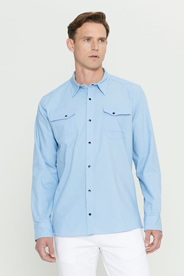 Men's Ice Blue Slim Fit Slim Fit Classic Collar Cotton Shirt