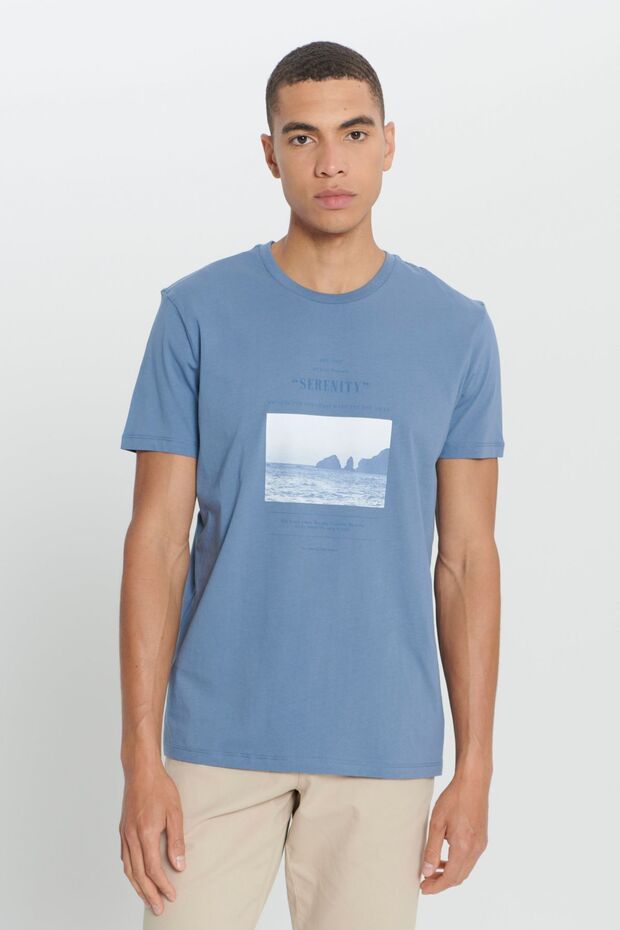 Erkek İndigo Standart Fit Normal Kesim %100 Pamuk Baskılı Bisiklet Yaka Tişört - 1