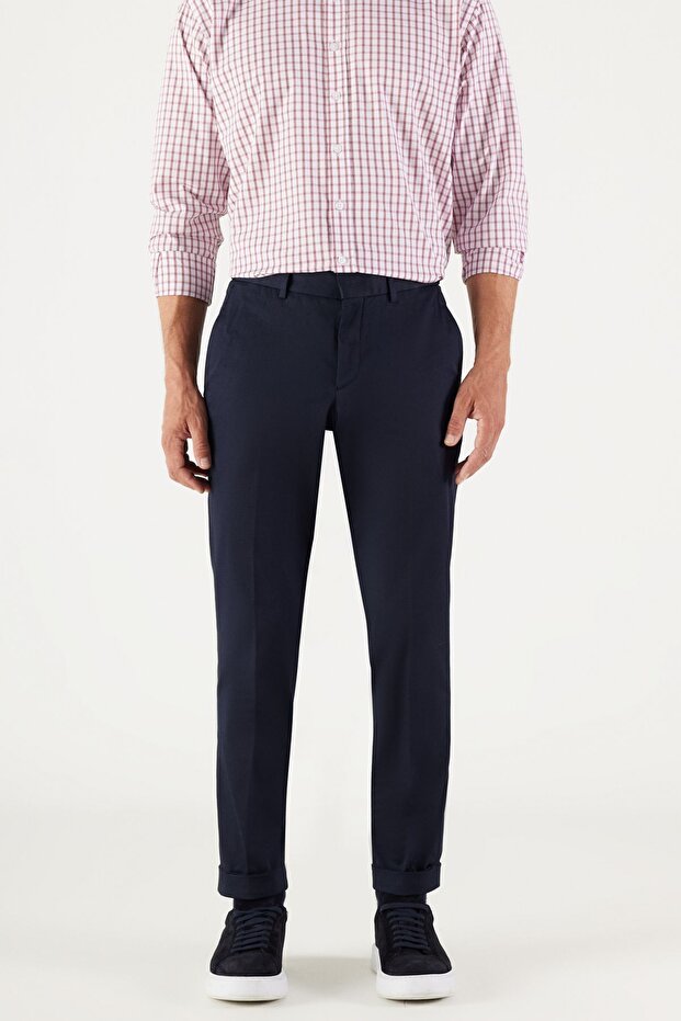 Men's Navy Blue Slim Fit Narrow Cut Gabardine Fabric Patterned Cotton Elastic Waist Trousers