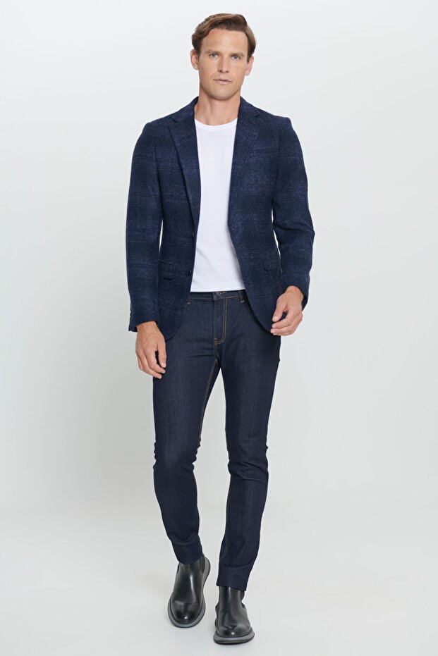 Erkek Lacivert Slim Fit Dar Kesim Mono Yaka Yünlü Blazer Ceket - 3
