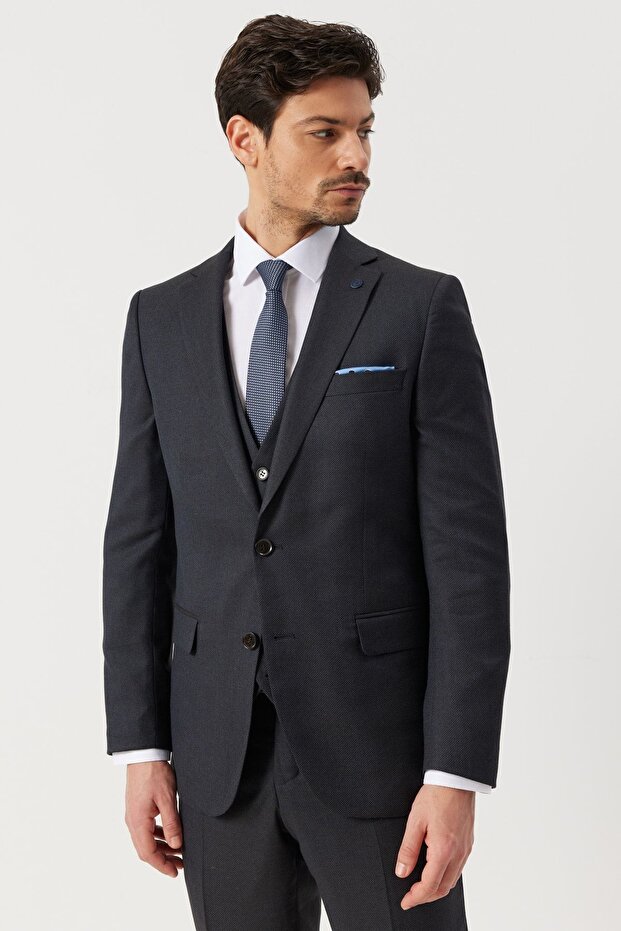 Men's Dark Navy Wool Slim Fit Slim Fit Mono Neck Bird Eye Print Vest Suit