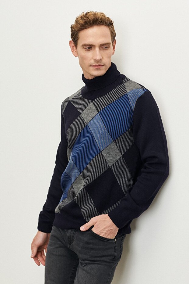 Men's Navy Blue-gray Non-Pilling Standard Fit Regular Cut Full Turtleneck Jacquard Knitwear Sweater