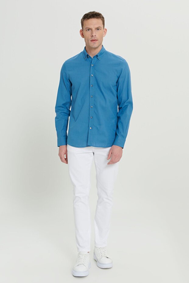 Erkek Petrol Keten Görünümlü %100 Pamuk Nefes Alabilen Kumaş Flamlı Slim Fit Düğmeli Yaka Gömlek - 2