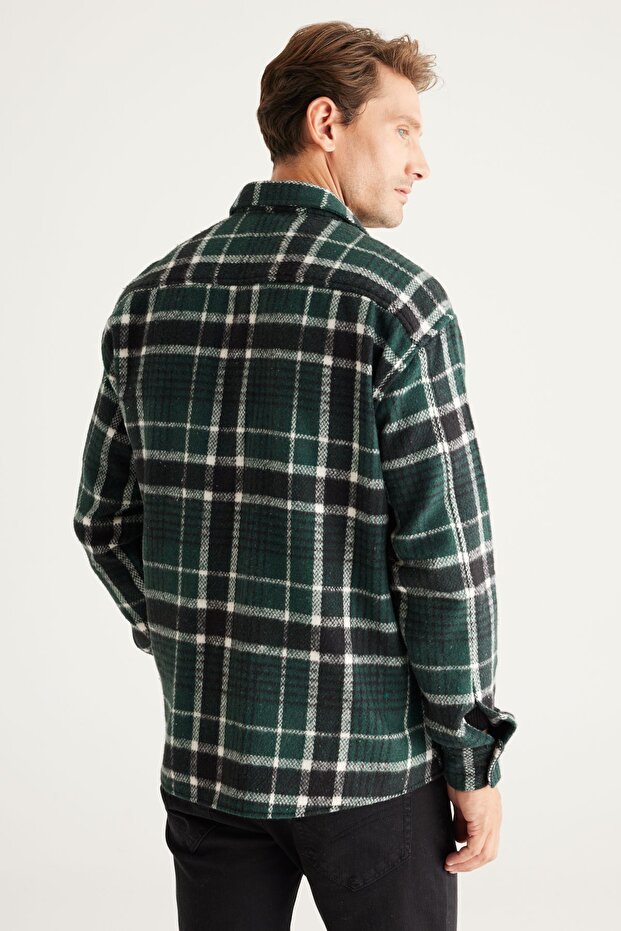 Erkek Hakı-sıyah Oversize Bol Kesim Düğmeli Yaka Ekose Kışlık Gömlek Ceket - 6