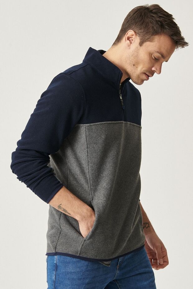 Erkek Lacivert-antrasit Standart Fit Normal Kesim Günlük Rahat Çift Renkli Polar Spor Sweatshirt - 6