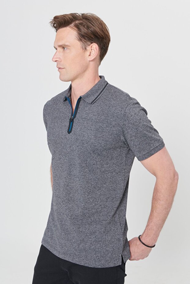 Erkek Antrasit-melanj Slim Fit Dar Kesim Fermuarlı Polo Yaka Pamuklu Kısa Kollu Tişört - 3