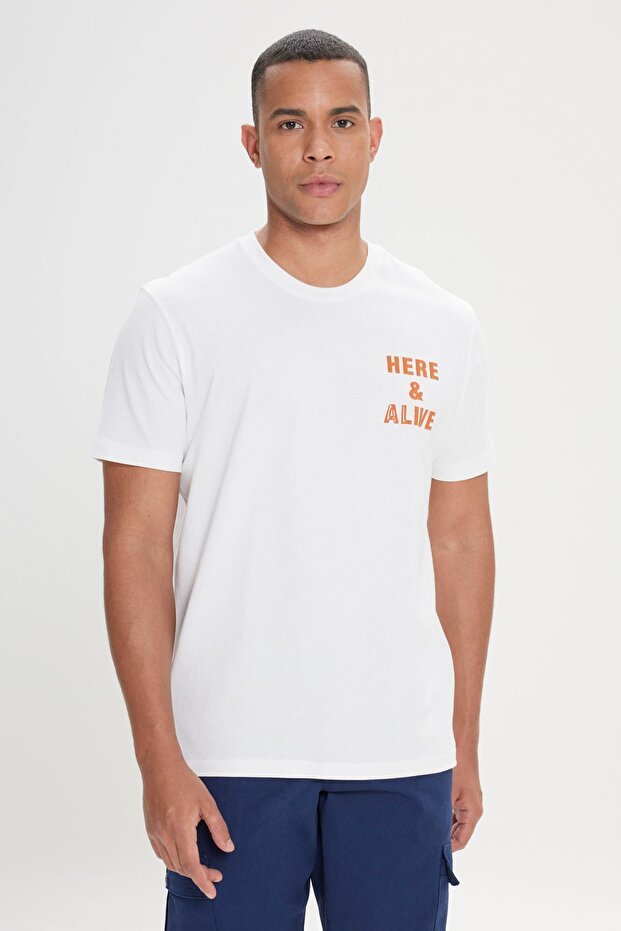 Erkek Ekru Comfort Fit Rahat Kesim %100 Pamuk Baskılı Bisiklet Yaka Tişört - 1