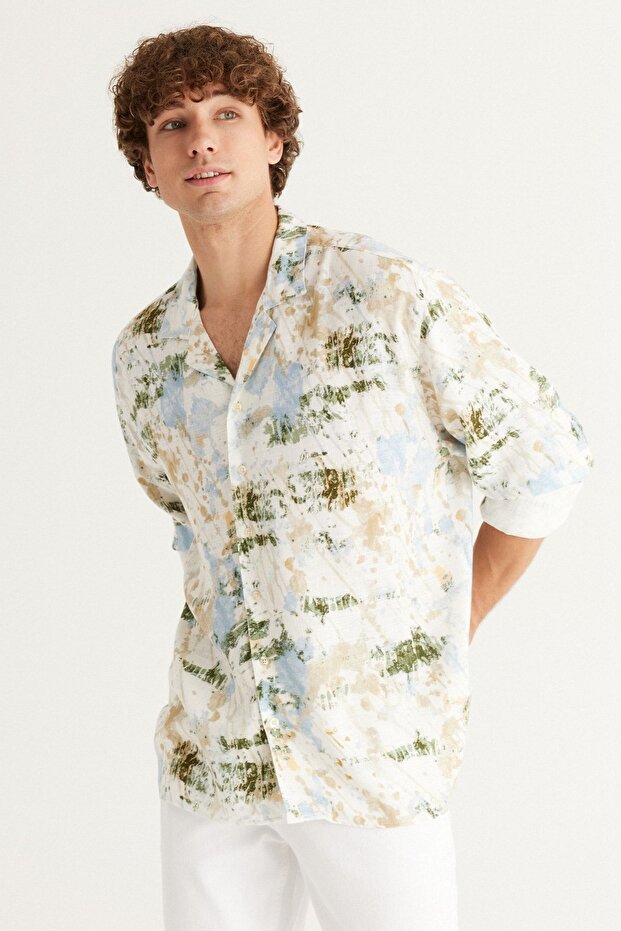 Erkek Ekru-mavi Keten Oversize Bol Kesim Küba Yaka Baskılı Gömlek - 4