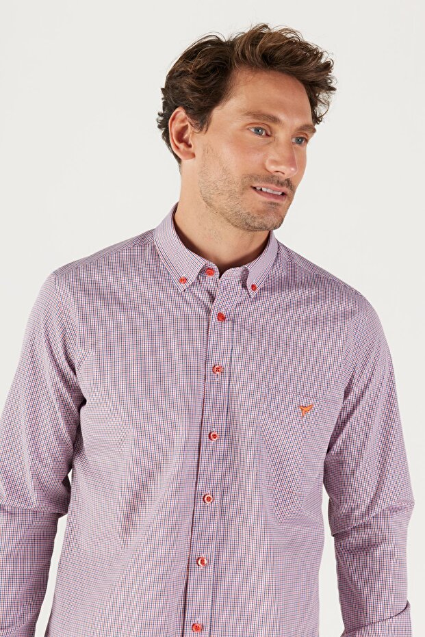 Erkek Lacivert-kırmızı Slim Fit Dar Kesim Düğmeli Yaka Logolu Pamuklu Cepli Çizgili Gömlek - 5