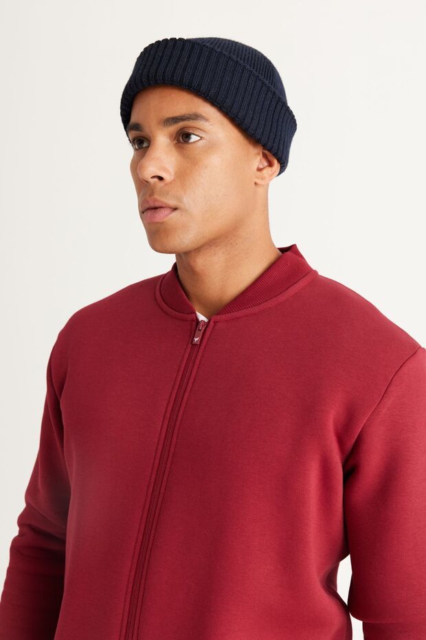 Erkek Bordo Standart Fit Içi Polarlı 3 Iplik Fermuarlı Kolej Yaka Pamuklu Sweatshirt Ceket - 5