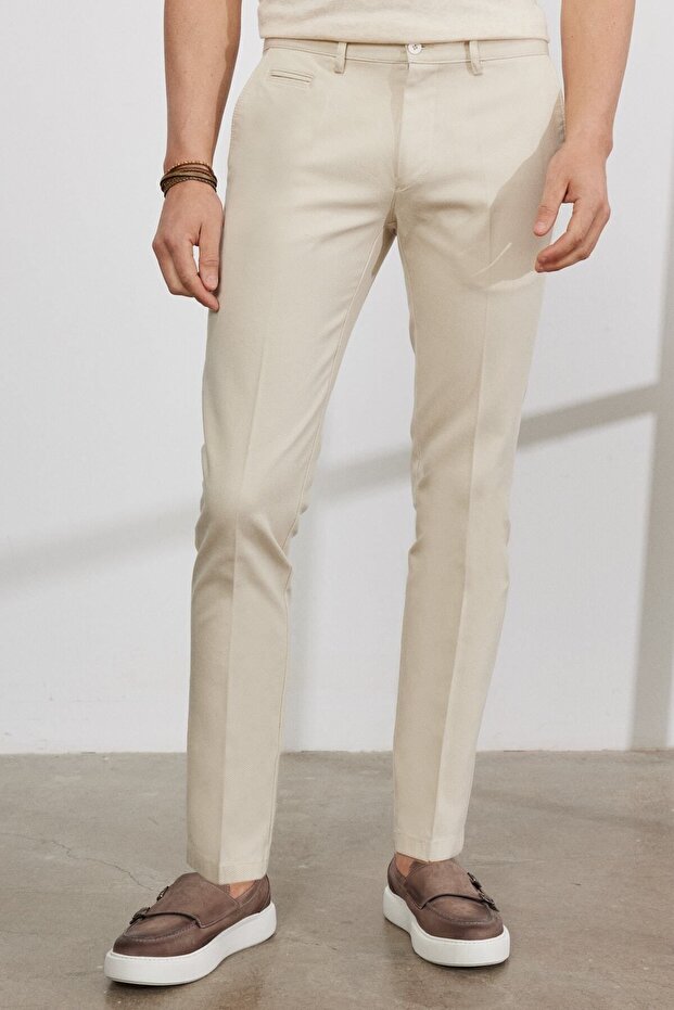 Men's Ecru Slim Fit Slim Fit Side Pocket Cotton Flexible Dobby Trousers