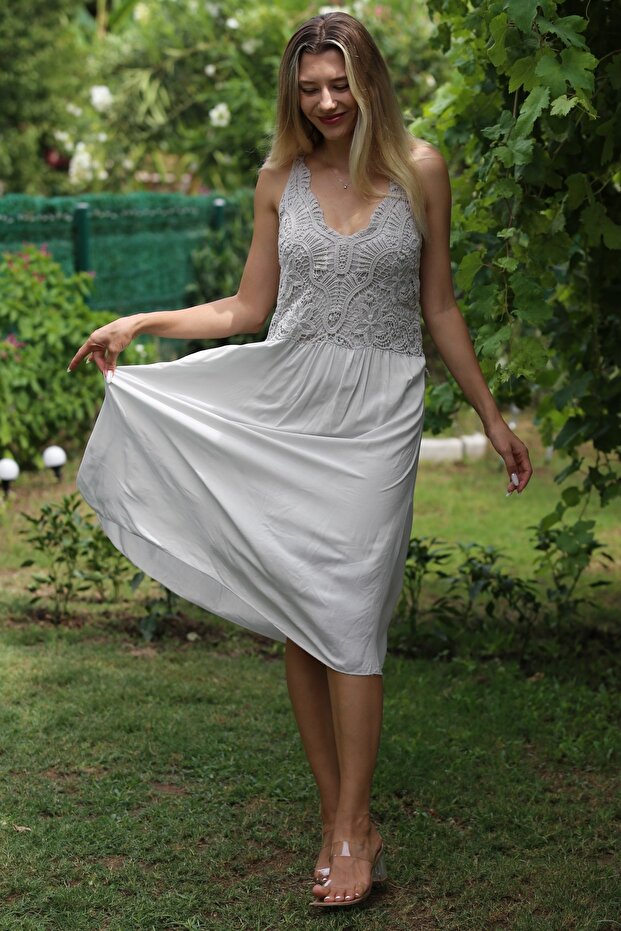 Italian Beige Strappy Ruched Scalloped Woven Casual Dress