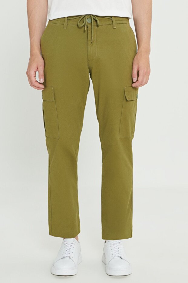 Erkek Haki Comfort Fit Rahat Kesim Pamuklu Esnek Yan Cepli Kargo Pantolon - 1