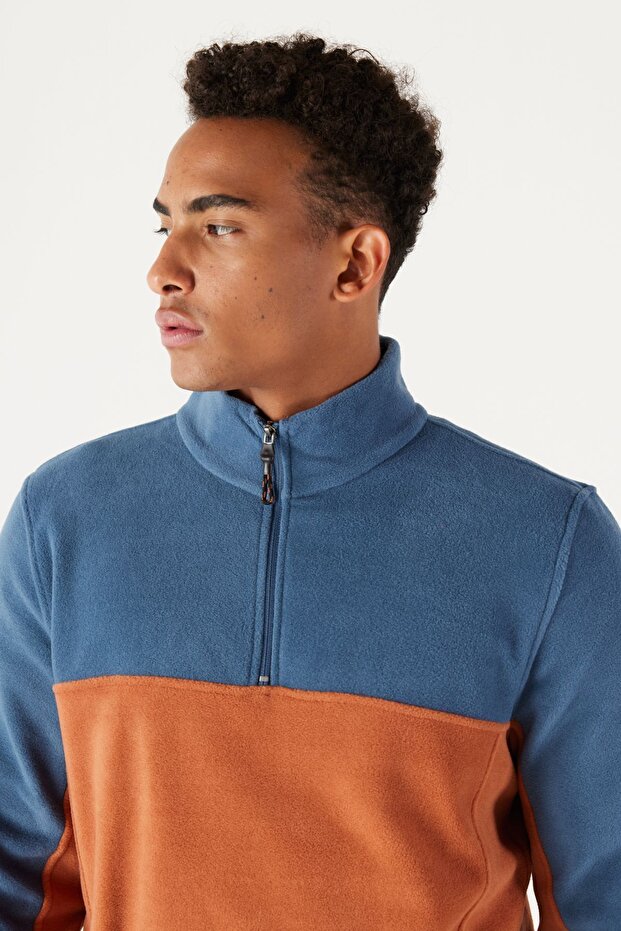 Erkek Indıgo-kıremıt Standart Fit Normal Kesim Günlük Rahat Çift Renkli Polar Spor Sweatshirt - 4
