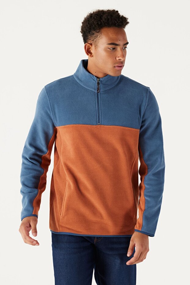 Erkek Indıgo-kıremıt Standart Fit Normal Kesim Günlük Rahat Çift Renkli Polar Spor Sweatshirt - 3