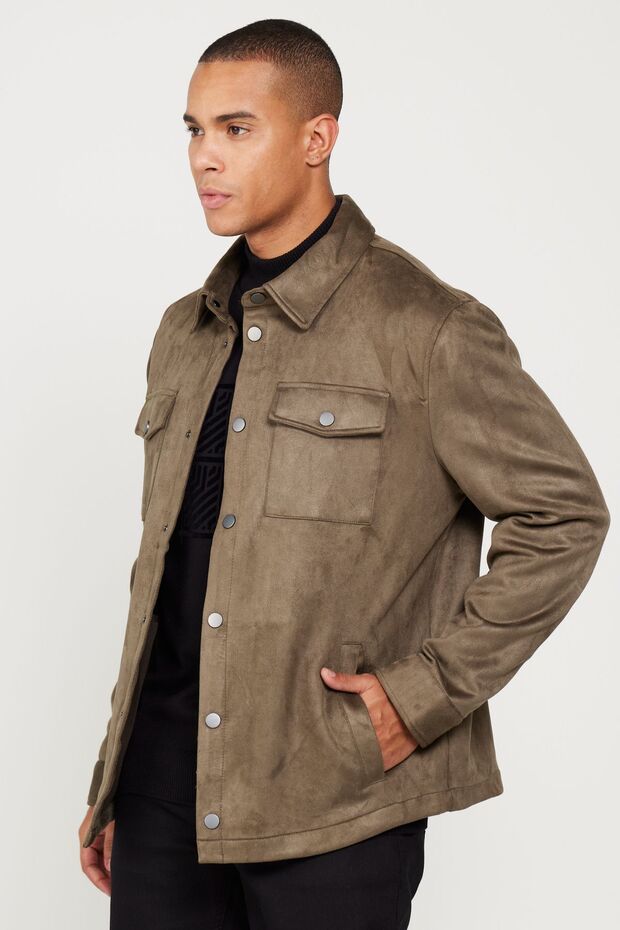 Erkek Haki Standart Fit Normal Kesim Gömlek Yaka Mont - 5