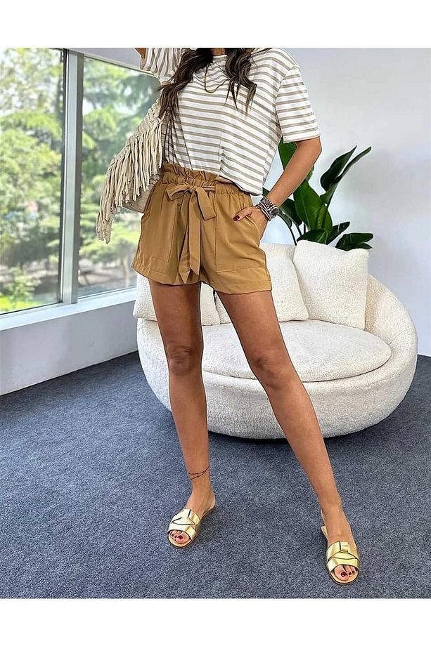 Pamuklu Kumaş Beli Lastikli ve Kuşaklı Şort Camel - 3