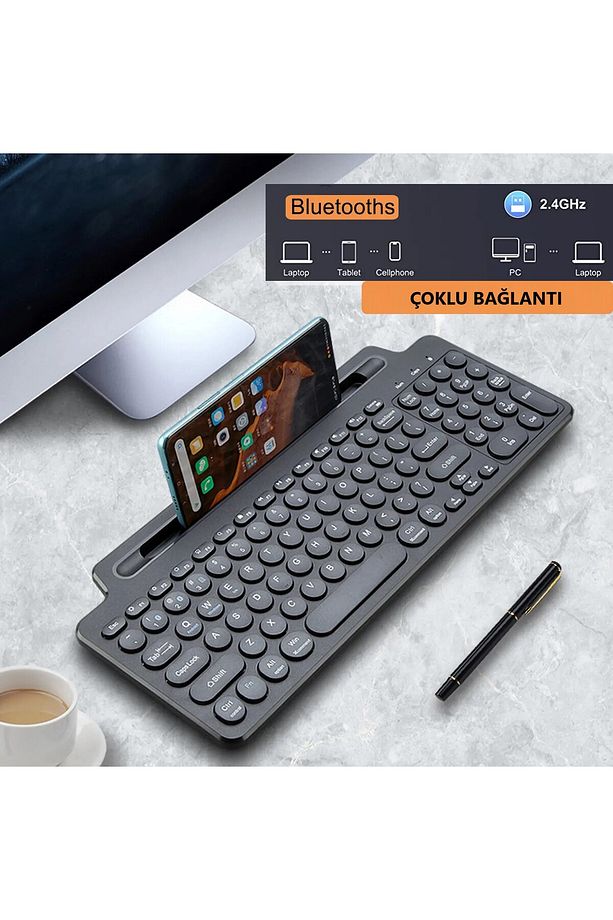 Bluetooth Klavye +2.4Ghz Kablosuz Kendinden Standlı Tablet Telefon Tv PC Android IOS Windows Numerik - 5
