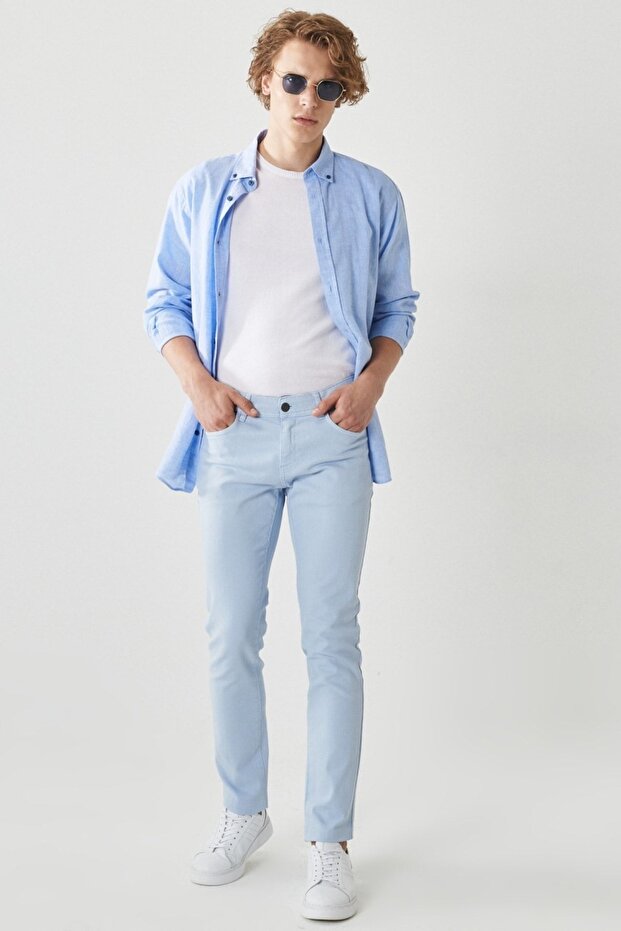 Erkek Mavi 360 Derece Her Yöne Esneyen Rahat Slim Fit Dar Kesim Pantolon - 2