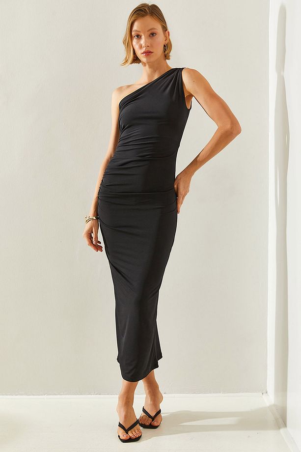 Kadın Polo Tek Omuz Drape Detaylı Midi Boy Elbise 60251437 - 1