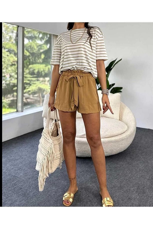 Pamuklu Kumaş Beli Lastikli ve Kuşaklı Şort Camel - 4