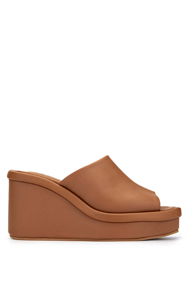 Women's Genuine Leather Tan Heeled Slippers