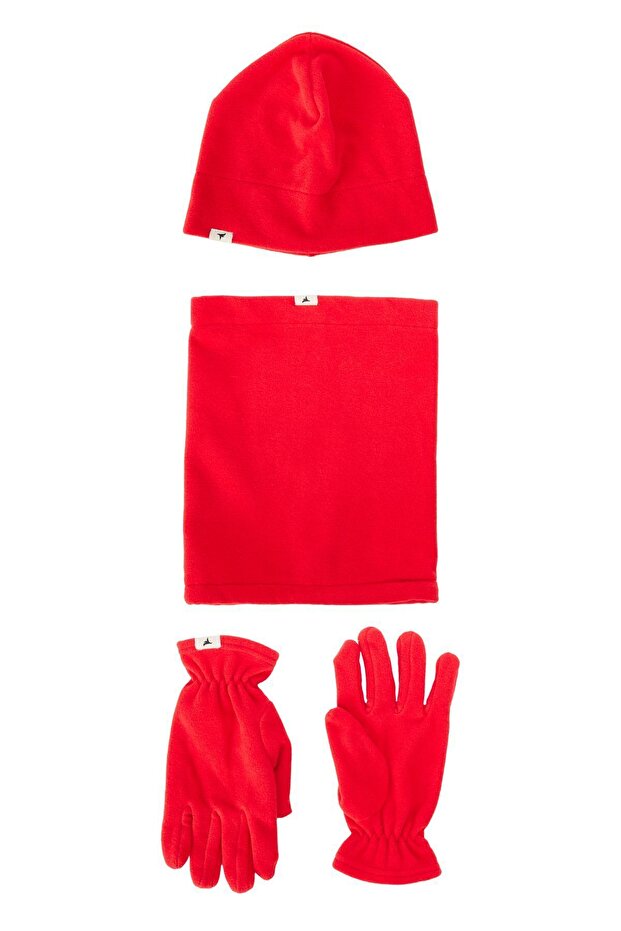 Men's Red Anti-pilling Warm Water Repellent Fleece Beanie Neck Collar Gloves Set
