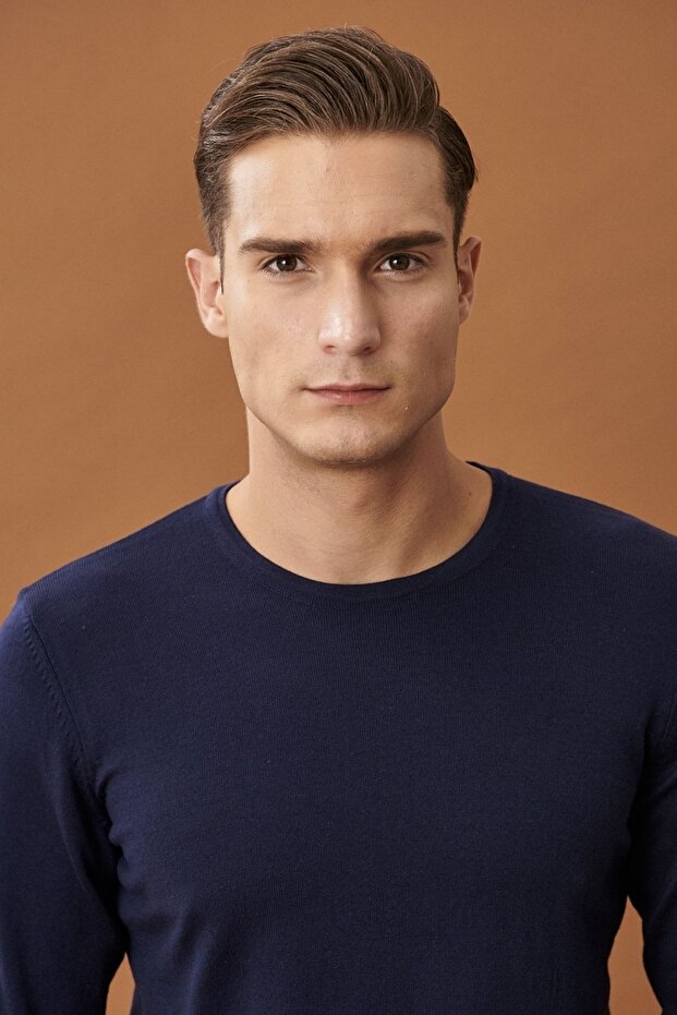 Erkek Lacivert Standart Fit Normal Kesim Bisiklet Yaka Desensiz Basic Triko Kazak - 3