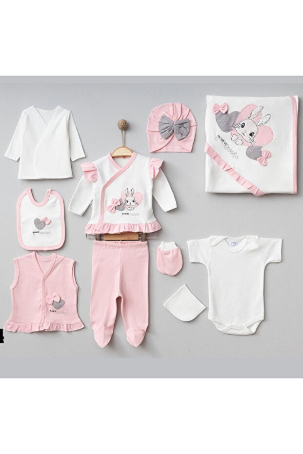 GIRL BABY RABBIT THEMED 10-PIECE NEWBORN HOSPITAL EXIT BOXED ROMPER SET YK596ZPK