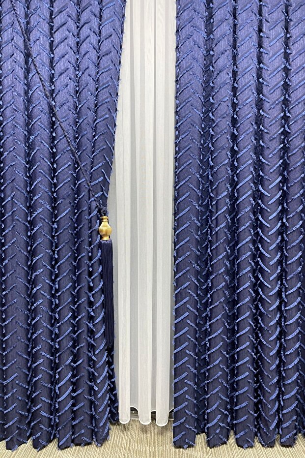 Harmony Series Tasseled Background Curtain Navy Blue - 1 to 3 Dense Pleats
