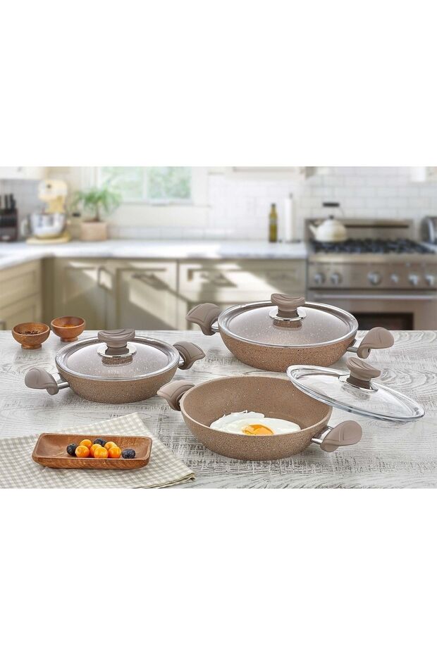 3004 - 6 Pieces, Bio Granite, Non-Stick, (18-20-22 cm) Pan Set, Milk Coffee Color Body and Details