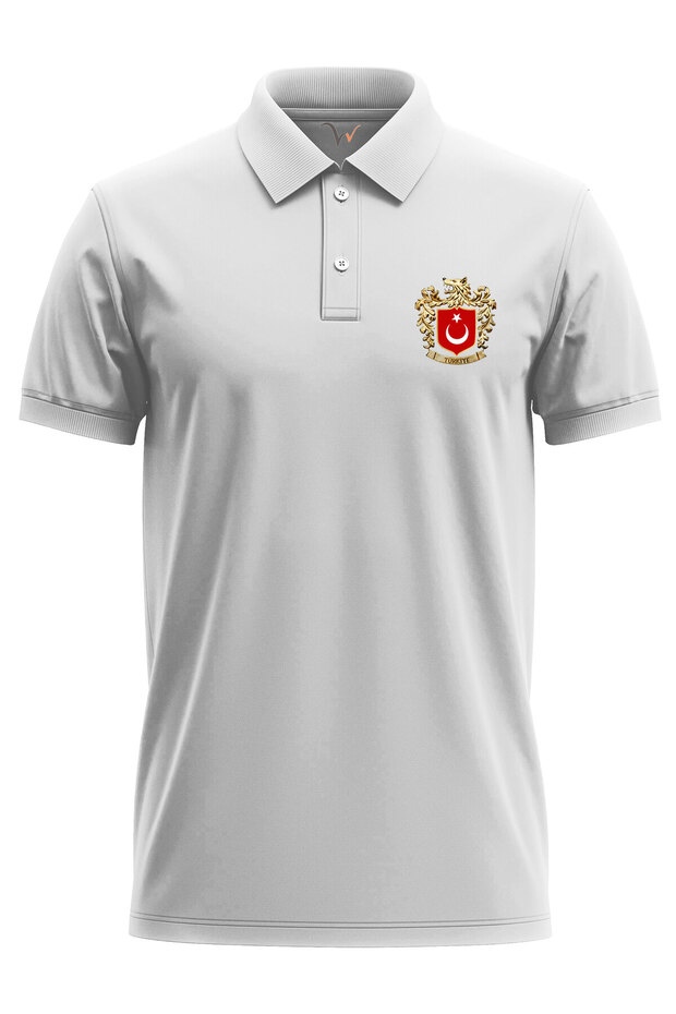 Gray Wolf Symbol Turkey and Turkish Flag Wolf Printed Regular Fit 100% Cotton Polo Neck White T-Shirt
