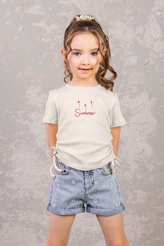 Embroidered Short Sleeve Camisole Blouse - Side Lace Up