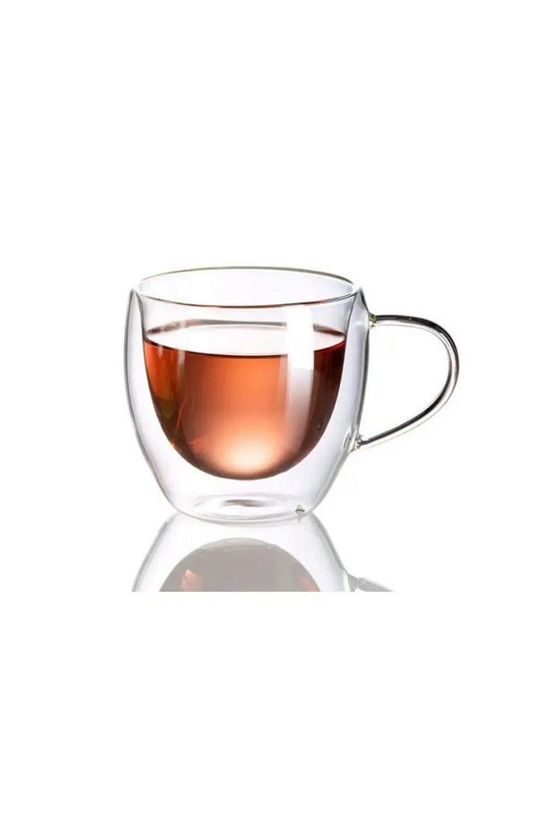 Neskafe Çay Fincanı Çift Cidarlı Cam Kupa 250 ml Kulplu Cam Bardak 2 Adet 2037 - 6