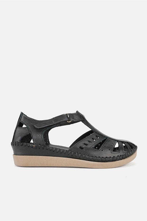 Women's Black Genuine Leather 35-41-42 Number Strapped Flat Wedge Heels Side Open Sandals
