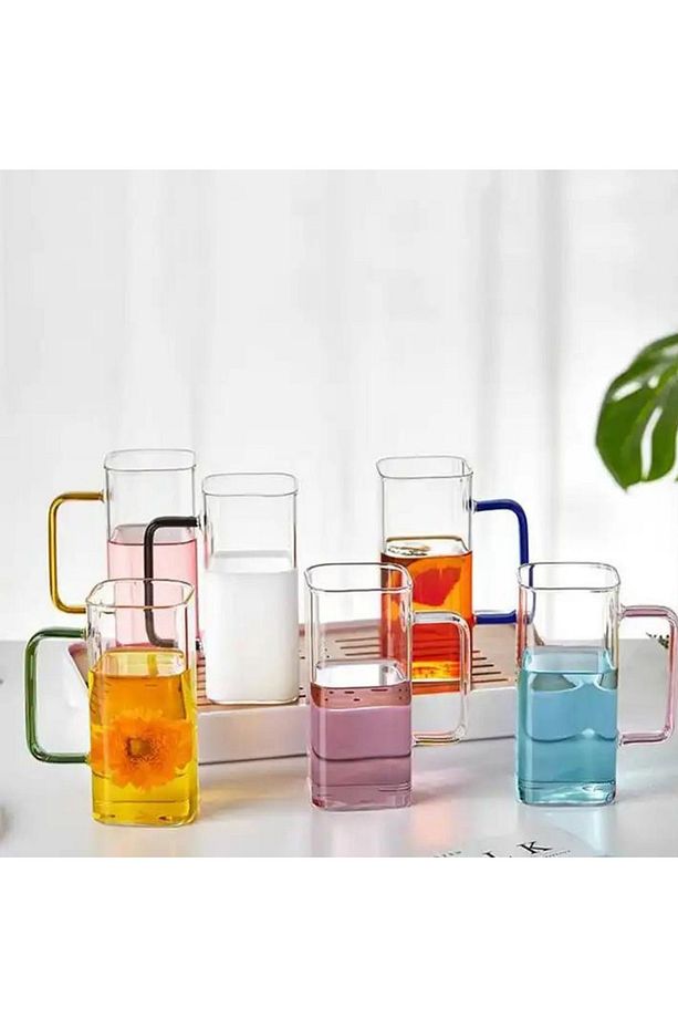 Yeni Nesil Kare Cam Sarı Kulplu Latte,meşrubat,nescafe,süt,su Bardağı 350 ml 4 Adet - 8