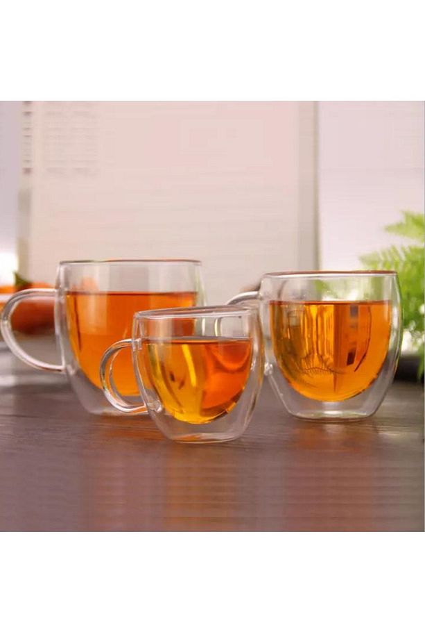 Neskafe Çay Fincanı Çift Cidarlı Cam Kupa 250 ml Kulplu Cam Bardak 4 Adet 2037 - 7