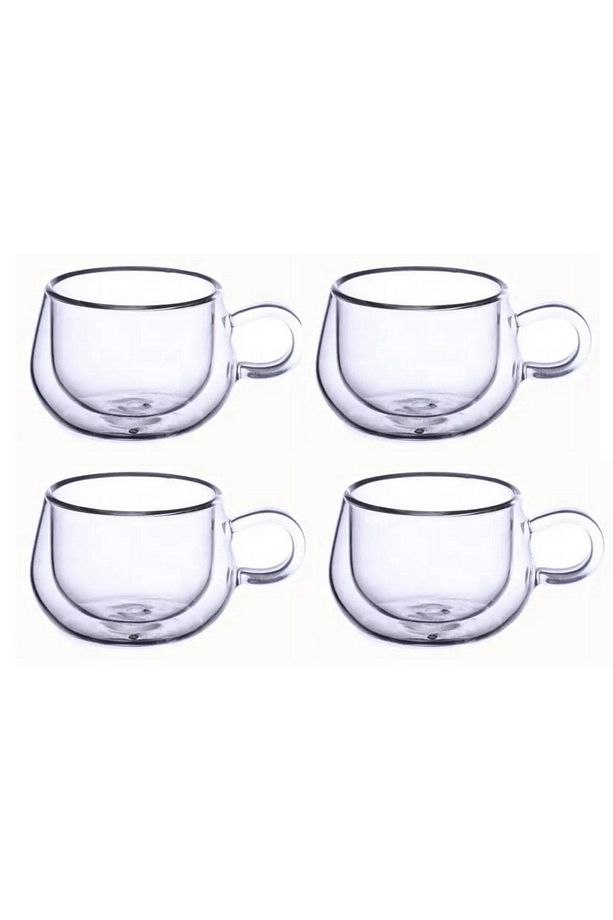 Yeni Tasarım Çift Cidarlı 200 ml Kulplu Cam Bardak, Neskafe Fincanı, Çay Kupası, 4 Adet 2673 - 3