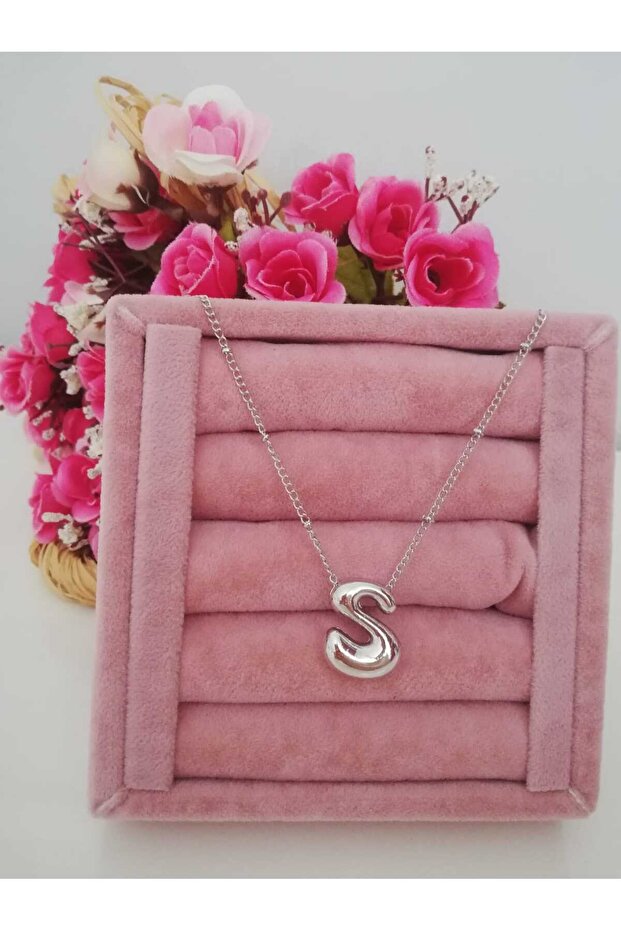 Silver Color Balloon Letter S Necklace, Initial Letter Necklace