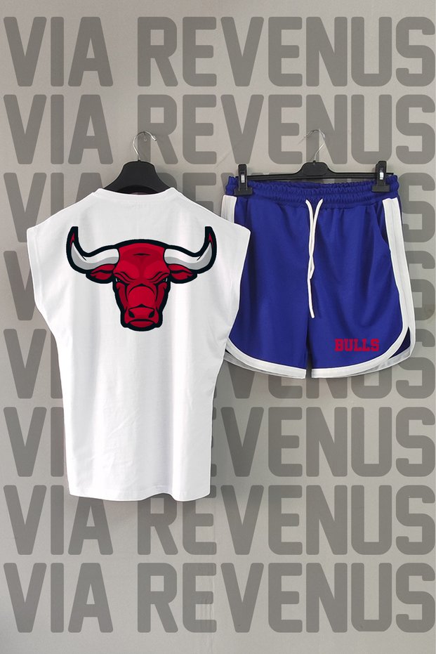 Bulls Back Printed Zero Sleeve Crew Neck White Sports Tshirt and Blue Sports Shorts Set