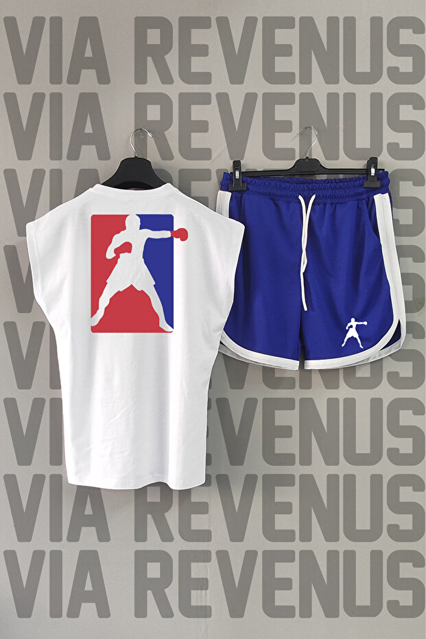 Boxing Back Printed Zero Sleeve Crew Neck White Sports Tshirt and Blue Sports Shorts Set