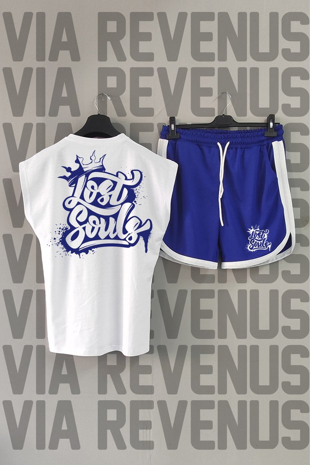 Lost Souls Back Printed Sleeveless Crew Neck White Sport T-shirt and Blue Sport Shorts Set