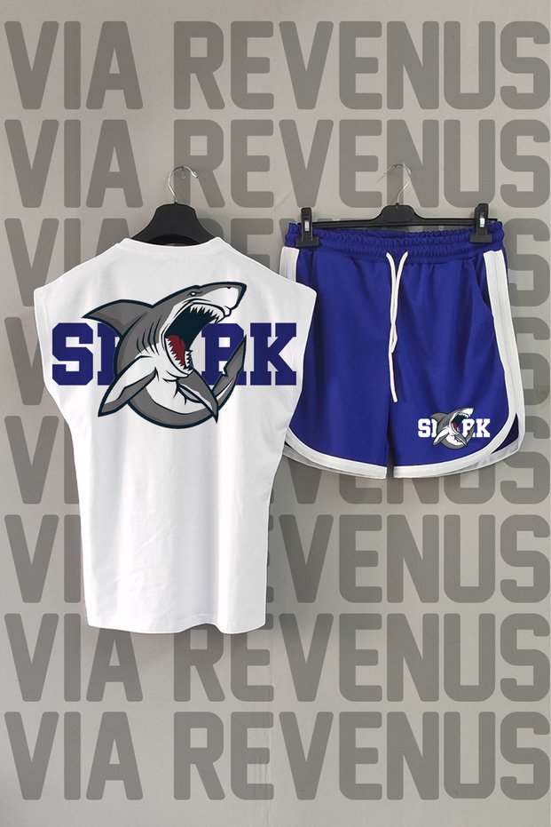 Shark Back Printed Zero Sleeve Crew Neck White Sports Tshirt and Blue Sports Shorts Set